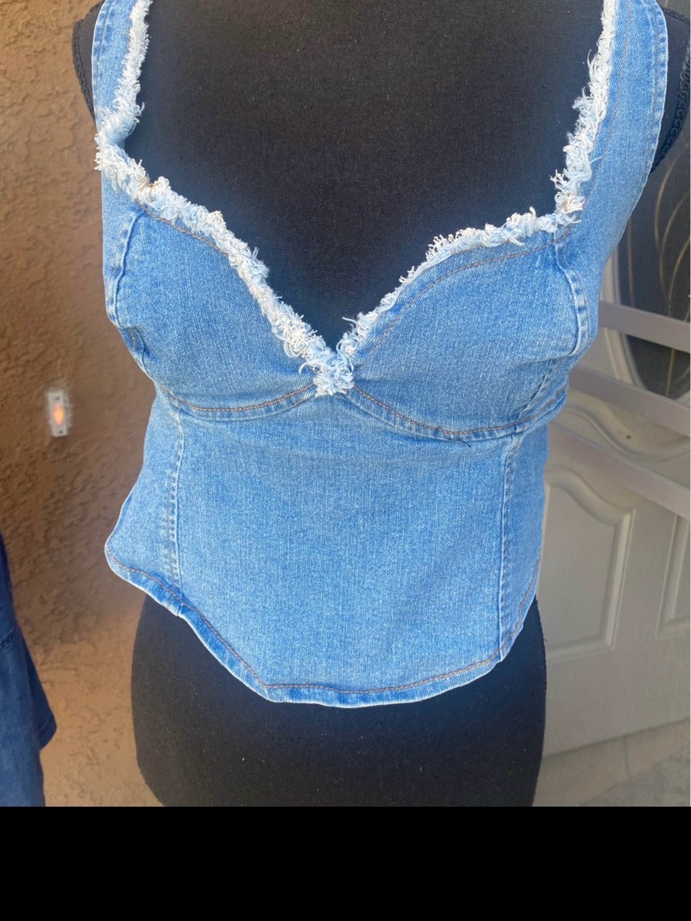 Tinseltown Frayed Denim Bustier Camisole - Blue
